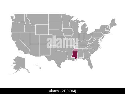 Map of Mississippi compared to the other United States of America Stock Photo