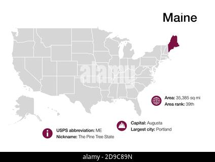 Map of state with political demographic information and biggest cities Stock Photo