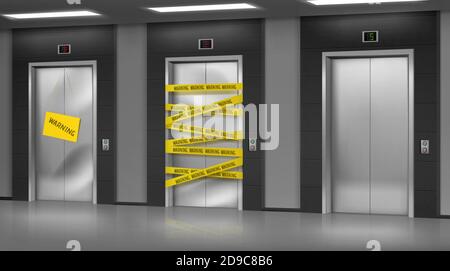 Broken elevators closed for repair or maintenance. Warning sign hang on lift damaged doors with dent, chrome metal doorway gate wrapped with warning yellow stripe, realistic 3d vector Illustration Stock Vector
