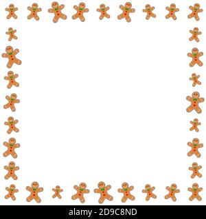 Christmas frame with gingerbread man. Xmas border with cartoon smiling cookies. Vector pattern with copy space. Blank background with holiday characte Stock Vector