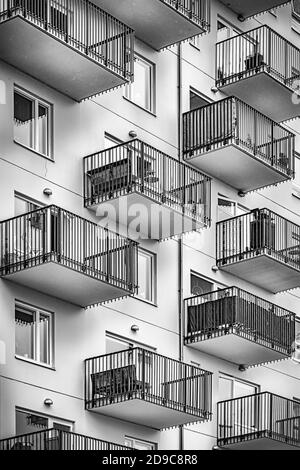 MALMO, SWEDEN - AUGUST 21, 2020: A wall of balconys on a modern apartment block in the city Stock Photo