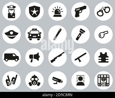 Police Or Police Force Icons Black & White Flat Design Circle Set Big Stock Vector