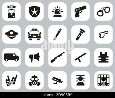 Police Or Police Force Icons Black & White Flat Design Set Big Stock Vector