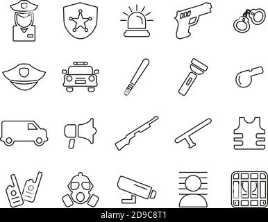 Police Or Police Force Icons Black & White Thin Line Set Big Stock Vector