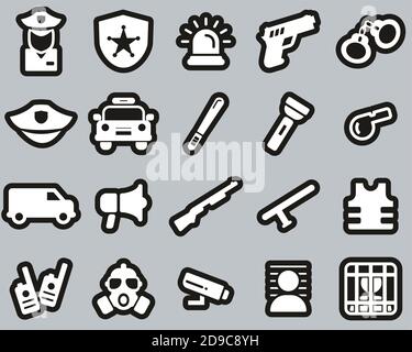 Police Or Police Force Icons White On Black Sticker Set Big Stock Vector