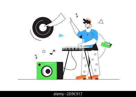 DJ guy playing music on panels in flat style Stock Vector