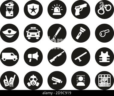 Police Or Police Force Icons White On Black Flat Design Circle Set Big Stock Vector