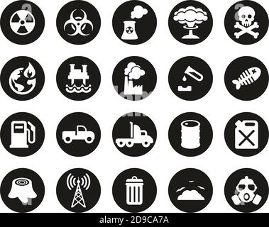 Pollution Or Contamination Icons White On Black Flat Design Circle Set Big Stock Vector