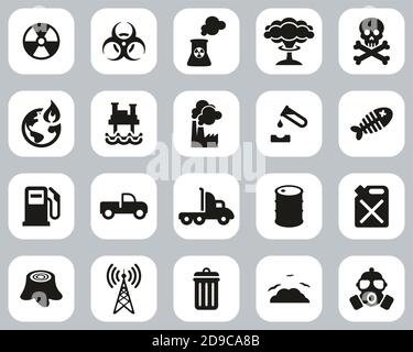 Pollution Or Contamination Icons Black & White Flat Design Set Big Stock Vector