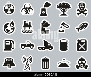 Pollution Or Contamination Icons Black & White Sticker Set Big Stock Vector
