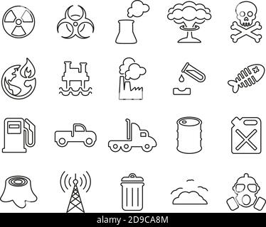 Pollution Or Contamination Icons Black & White Thin Line Set Big Stock Vector