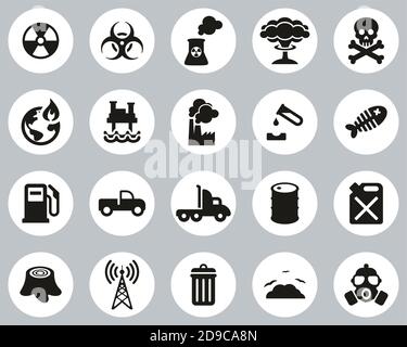 Pollution Or Contamination Icons Black & White Flat Design Circle Set Big Stock Vector