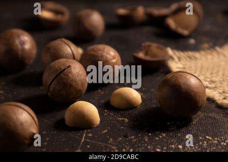 Macadamia nut in shell and peeled on a dark background. Poster, article. Stock Photo