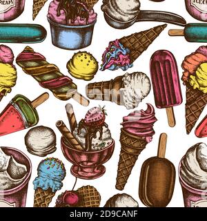 Seamless pattern with hand drawn colored ice cream bowls, ice cream bucket, popsicle ice cream, ice cream cones, ice cream scoop, ice cream balls Stock Vector
