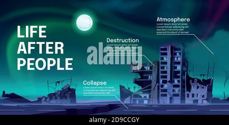 Life after people infographics with abandoned city buildings at night. Destruction, war collapse or natural disaster and cataclysm consequences, post-apocalyptic world ruins cartoon vector banner Stock Vector