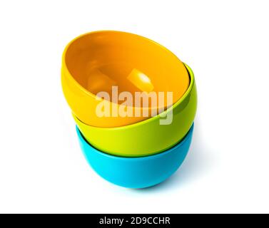 Colored deep plates isolated on white. The view from the top. Stock Photo