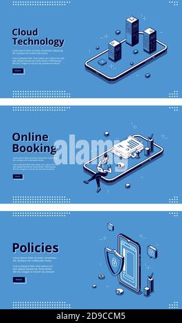 Online services for mobile phone. Concept of internet technologies, digital systems for smartphone. Vector set of banners of cloud technology, online booking and policies with isometric illustrations Stock Vector