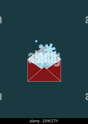 Snowflake Greetings. Red Gift Envelope full of Winter. Isolated Christmas Design on Green. Vector Art Stock Vector
