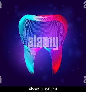 Human tooth medical structure. Outline vector dental illustration in 3d line art style on neon abstract background Stock Vector