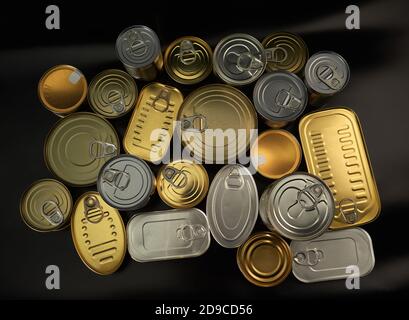 Different types of cans with prepared foods for consumption, vegetables, fish and meat Stock Photo