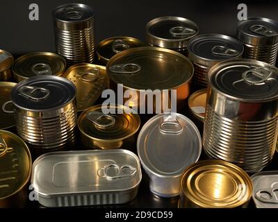 Different types of cans with prepared foods for consumption, vegetables, fish and meat Stock Photo