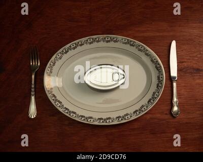 Different types of cans with prepared foods for consumption, vegetables, fish and meat Stock Photo