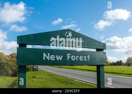 New Forest Forestry Commission sign by the road, Hampshire, England, UK Stock Photo