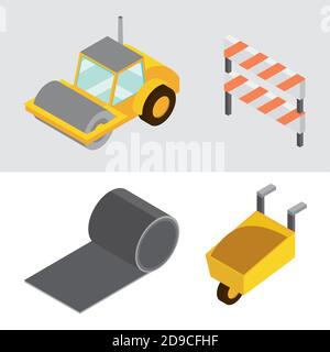 construction set icons road roller truck wheelbarrow and barricade isometric vector illustration Stock Vector