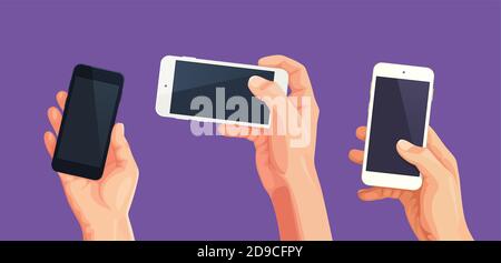 Set of Phone in Hand vector. Vector Hand in template cellphone screen for design editable mockup. Concept of hand position in different poses.  Stock Vector