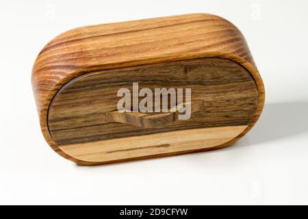 Natural wood round handmade box, olive tree box isolated on white background Stock Photo