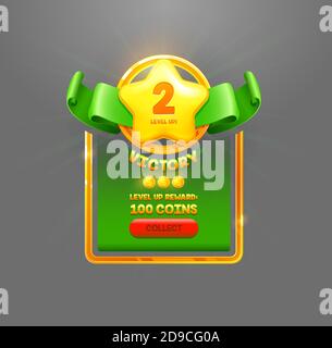 Level up Victory reward cartoon vector. Online game app UI isolated design element. Successful level complete realistic badge. Prize coins collect Stock Vector
