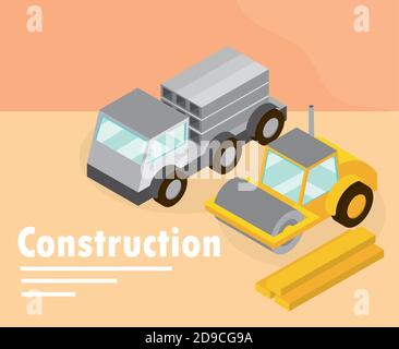 construction road roller machine and truck isometric vector illustration Stock Vector