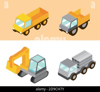 construction trucks machine transport and work isometric vector illustration Stock Vector