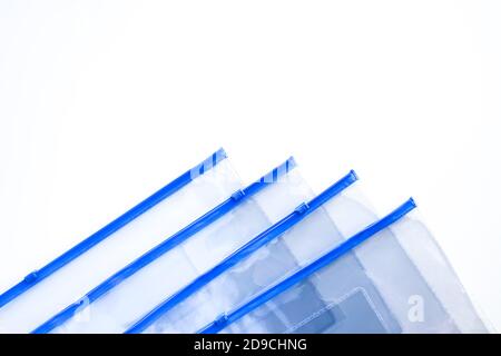 Plastic transparent zipper bags on soft light background Stock Photo
