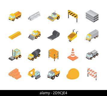 construction isometric set icons, truck, machine, brick, barrier, helmet and more vector illustration Stock Vector