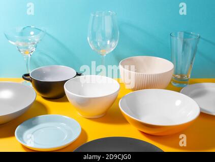 Set of various plates, bowl and glasses Stock Photo