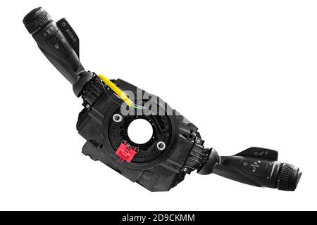 Steering wheel switches for windshield wipers and turn signals disassembled on a white Stock Photo