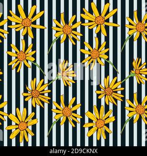 Seamless chamomile pattern with white daisies on striped background. Vector illustration. Stock Vector