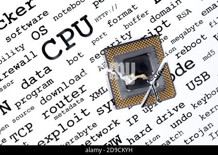 A cracked, broken CPU resting on computer related keywords. Stock Photo
