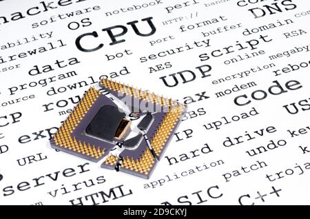 A cracked, broken CPU resting on computer related keywords. Stock Photo