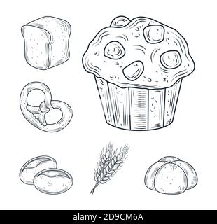 baked icon set, bread, muffin, pretzel, rolls, loaf isolated on white vector illustration Stock Vector