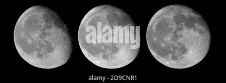 Waning Gibbous Moon phases over three consecutive nights, left to right: 4th; 3rd; 2nd November 2020, showing development of the lunar terminator Stock Photo