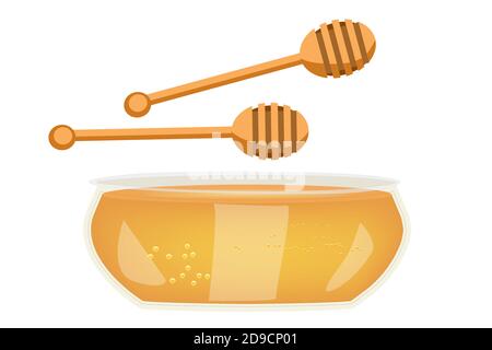 Set of honey. Honey dipper and bowl isolated on white background. Glass cans jar full of golden honey. Wooden stick dipper. Stock vector illustration Stock Vector