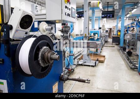 Extrusion on production line of 3D printing filament polymer Stock Photo