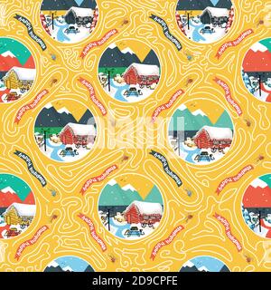 Seamless repeat pattern of snowy wooden scandinavian houses with grass on the roof, christmas trees, sheep and Happy holidays text with helicopter Stock Vector