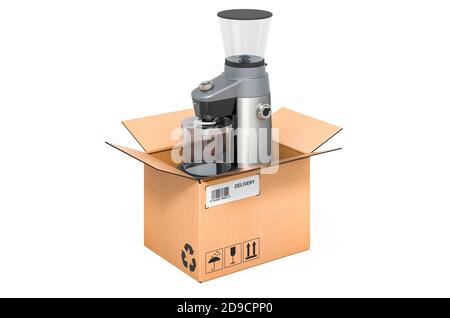 Coffee grinder inside cardboard box, delivery concept. 3D rendering isolated on white background Stock Photo