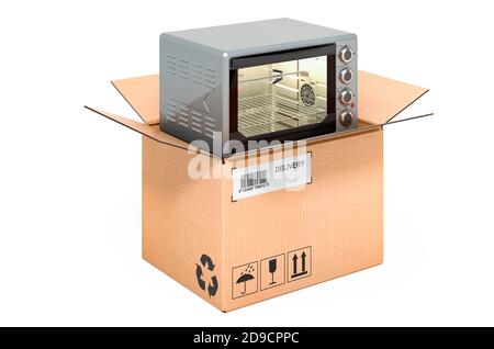 Convection toaster oven inside cardboard box, delivery concept. 3D rendering isolated on white background Stock Photo