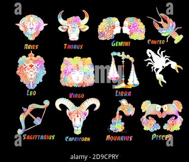 A set of zodiac signs. T-shirt print. Symbol for tattoo. Mixed media. Multi-colored objects. Vector illustration Stock Vector