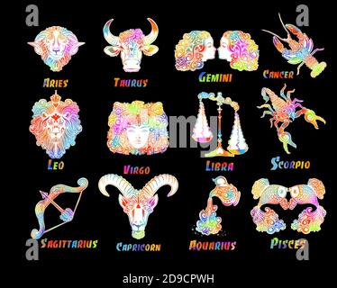 A set of zodiac signs. T-shirt print. Symbol for tattoo. Mixed media. Multi-colored objects. Vector illustration Stock Vector