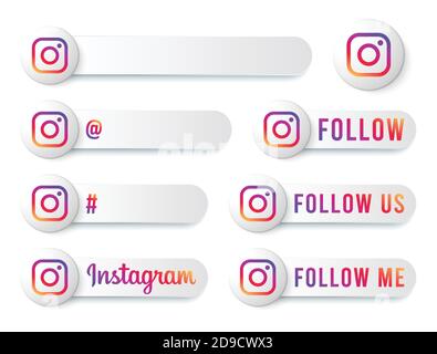 Instagram Buttons Collection with Multicolor Logo. White Social Media Tags Set with Modern Icons, Symbol, Sing, Banner. 3D Round Button Templates. Stock Vector